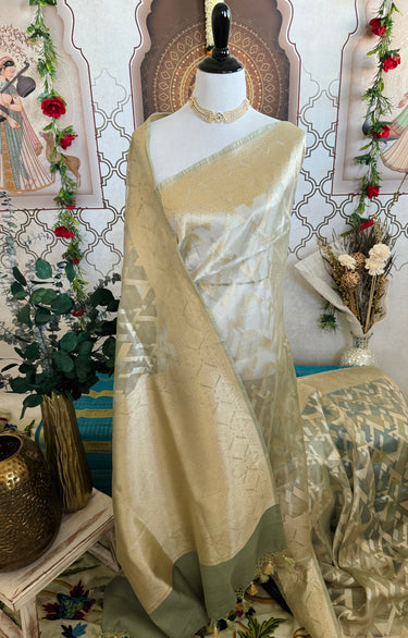 Banarasi Tissue Silk Alfi Saree | Light Sage Green | Gold & Silver Zari | Handwoven | Silk Mark Certified | Ships from California